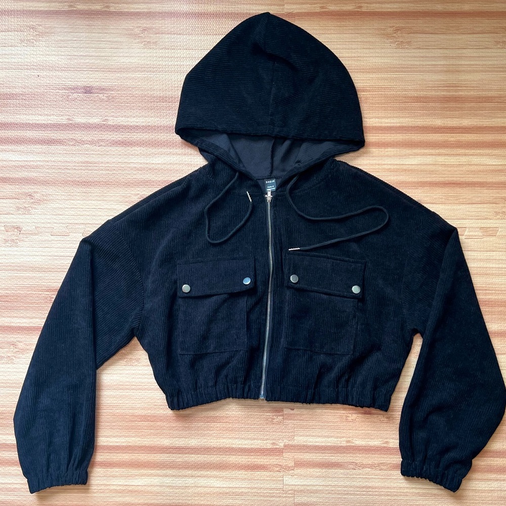 Black Corduroy Cropped Jacket With Hood Pockets Zipper
